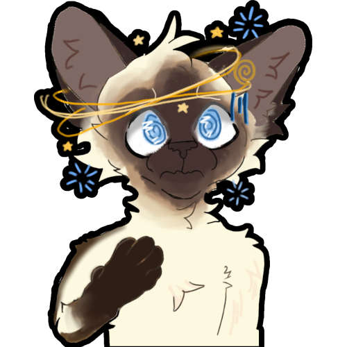  A humanoid chocolate-point siamese cat with blue spiral eyes and an uncomfortable face. There